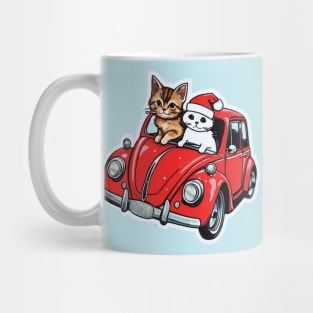 Two cats in a small red car. Mug